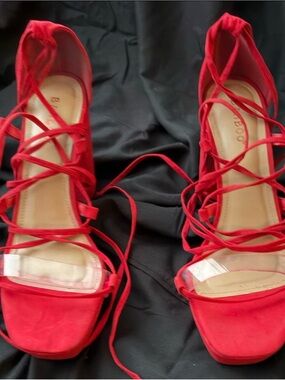 BAMBOO Red Lace-Up Strappy Heeled Sandals